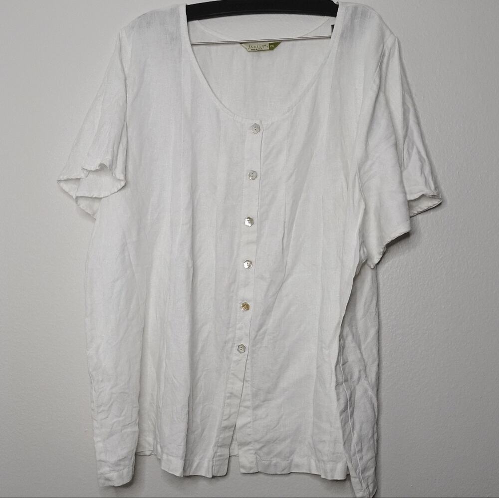 Chalet White Button-Up Blouse 100% Linen Boho Lagenlook Minimalist